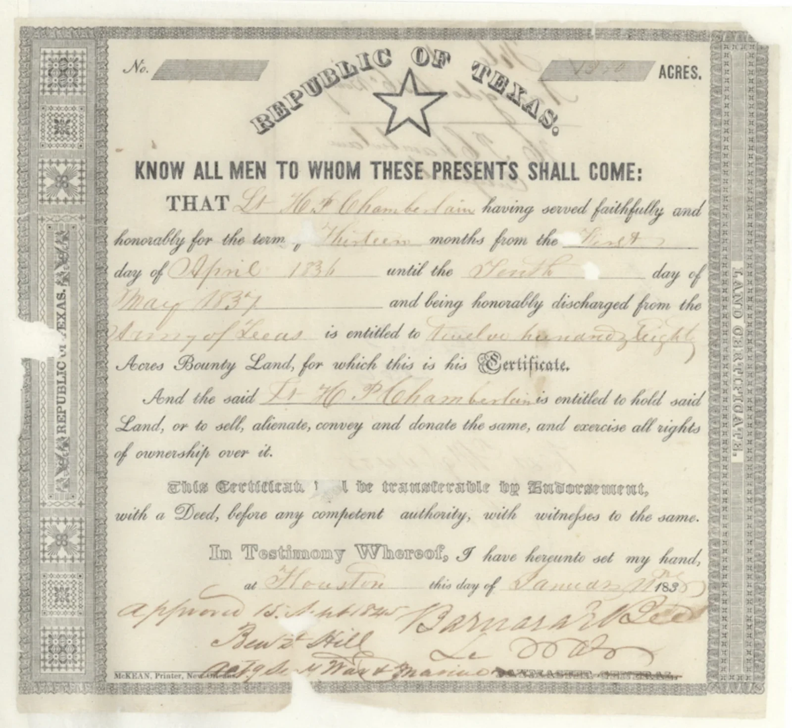 Chamberlain, H P Original Cursive Land Grant & Field Notes (Rusk County, Abstract A-226)